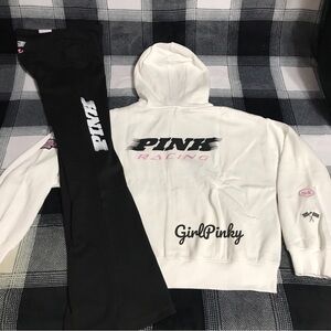 VS PINK ULTIMATE FLARE LEGGINGS & FULL ZIP HOODIE IN RACING DESIGN IN SMALL